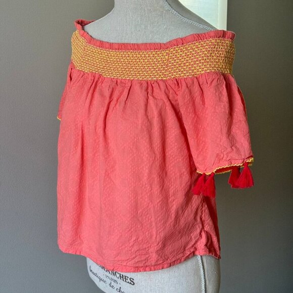 Off-Shoulder Boho Textured Cotton Top with Tassels - Size Small - Picture 5 of 8